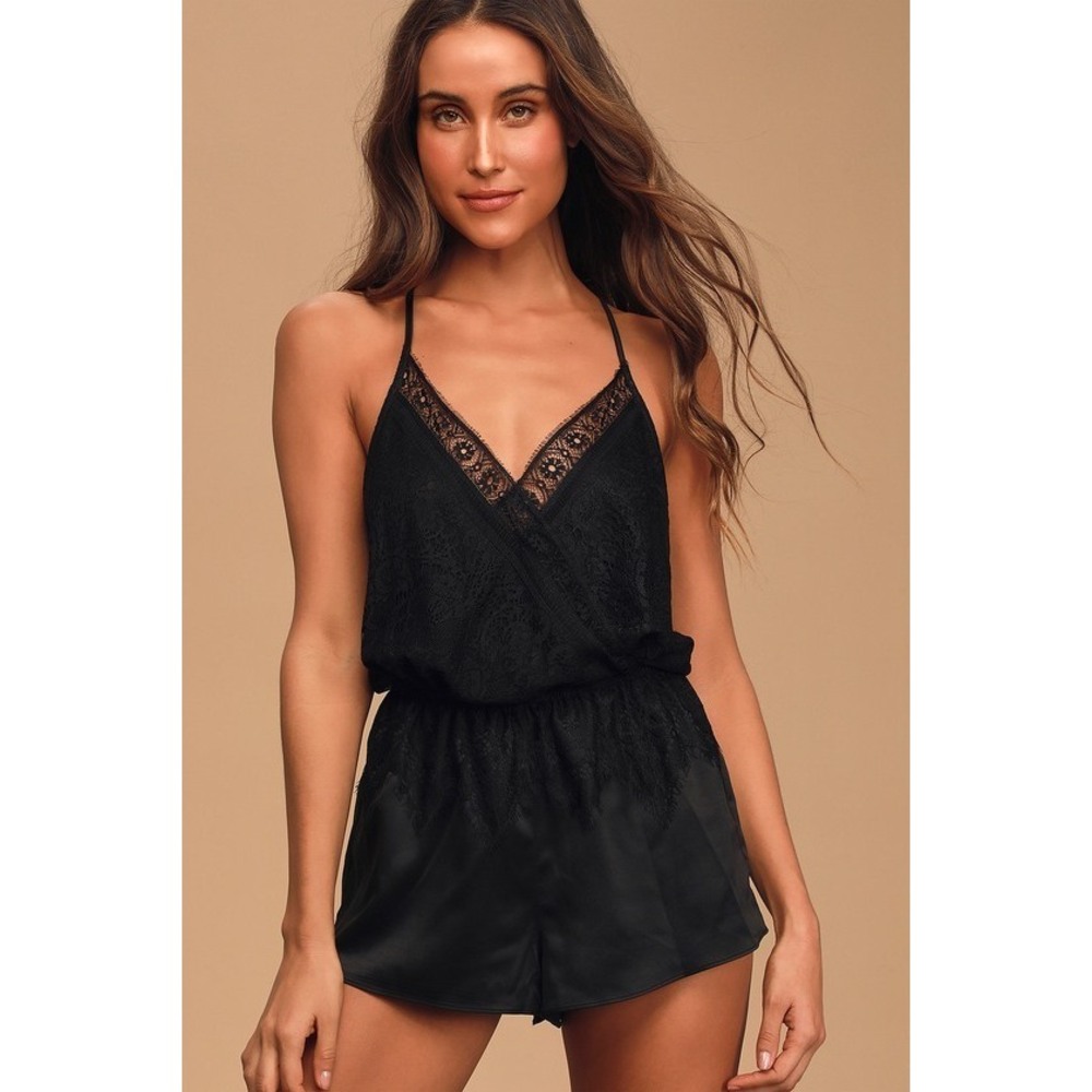Lulus Promise Of Romance Black Satin Lace Sleeveless Lounge Romper - Size L